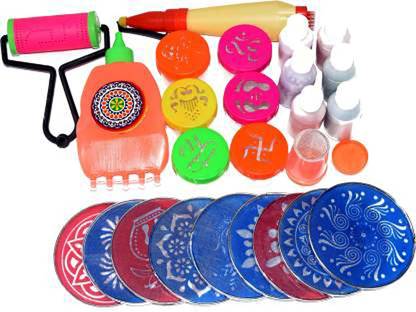 oramsa Set of 6 Stamp+1 Roller+1 PattaPen+1 RangoliPen+1 Filler+6 Color+9 Assorted 4" Rangoli Stencil