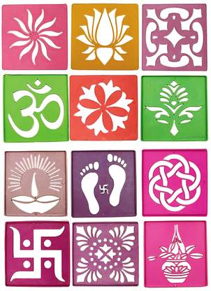 असेंशन 12 Different Design Draw Rangoli Making Kit Rangoli Stamp Om Swastik Flower Design Colourful Rangoli Making Stencils रंगोली स्टैंसिल