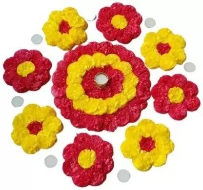 Vibgyor Products Rangoli Tealight Diyas Artificial Marigold Flower Mat on Canvas Rangoli Stencil