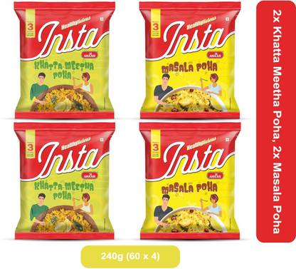 Insta Ahaar Ready-to-Eat, Pack of 2 Khatta Meetha Poha and Pack of 2 Masala Poha (60g Each) 240 g