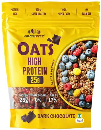 Growfitz 25g Protein Oats | Dark Chocolate | No Sugar | Gluten-Free | 17g Fibre | 800 g