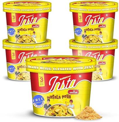 Insta Ahaar Masala Poha With Free Bhujia - Pack of 5 Cups (80g Each), Ready-to-Eat, Instant 80 g