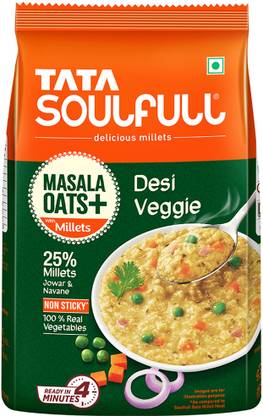 Tata Soulfull Masala Oats+, Desi Veggie, 25% Millets, Real Veggies, Non Sticky, Healthy Snack Pouch