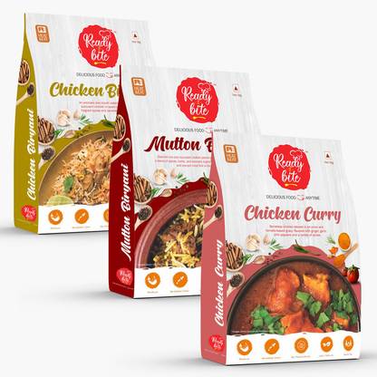 Ready 2 Bite Ready to Eat Chicken Biryani, Mutton Biryani, Chicken Curry Combo Pack 800 g