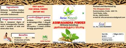 Aaraa Indian Ginseng Powder (Ashwagandha) (Withania Somnifera) 100gm 100 g
