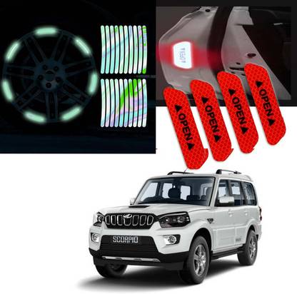 Auto Lovers ™ Car Door & Tyre Warning Sticker for Mahindra Scorpio (Red) (Multi) Combo 2.5 mm x 12 m Black Reflective Tape