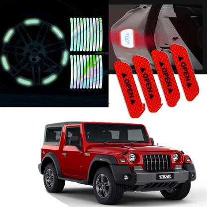 Auto Lovers ™ Car Door & Tyre Warning Sticker for Mahindra Thar (Red) (Multi) Combo 2.5 mm x 12 m Black Reflective Tape