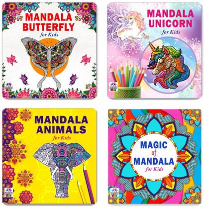 Mandala Butterfly Art + Unicorn Designs + Animals Designs + Magic Mandala Art Designs Colouring Books | Mandala Shapes | Fun Doodles | Kids Drawing | Floral Patterns | Unicorn Dreams | Fruits Delight | Ocean Animals | Wild Creatures (Set Of 4 Books)
