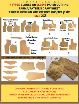 7 Types Blouse & Sleeve Paper Patterns Farma Drafting Sheet Size -32