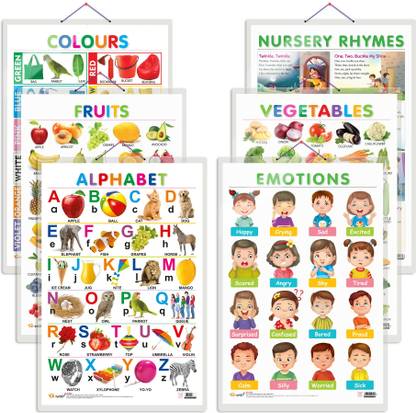 Set of 6 Alphabet, Fruits, Vegetables, Colours, EMOTIONS and NURSERY RHYMES Early Learning Educational Charts for Kids | 20"X30" inch |Non-Tearable and Waterproof | Double Sided Laminated | Perfect for Homeschooling, Kindergarten and Nursery Students Paper Print
