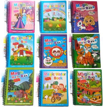GSM MART Kid's Magic Water Colouring Books Unlimited Fun With Drawing Reusable Water Reveal Activity Pad And Chunky Size Water Pen Ideal For Hours Of Creative Play, Pack Of 6 Magic Books