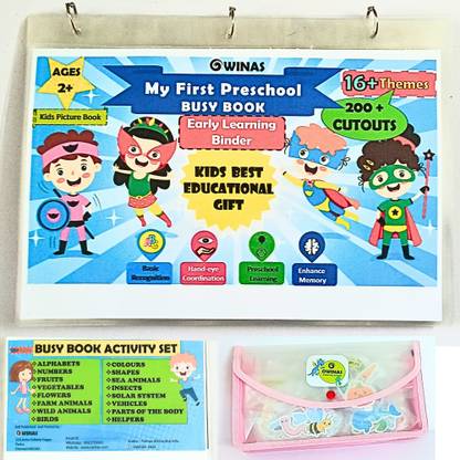 OWINAS -(200 + Cut-Outs) MY FIRST PRESCHOOL BUSY BOOK - Montessori Busy Books, 18 Activities In Hard Laminated Sheets With Hook And Loop Attached| 200+ Round Cornered Cut-Outs | Water/Tear Proof | Toddler Activity Binder | Age ( 2 To 6) Kids BEST Gift
