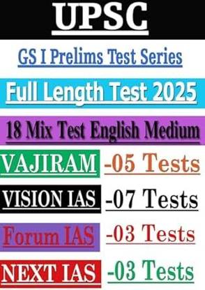 UPSC GS I Prelims Test Series 2025, Full Length Mock Tests, 18 Mix Tests In English Medium, Combined Package Of Vajiram (5), Vision IAS (7), Forum IAS (3), Next IAS (3) Tests | Black & White Photocopy