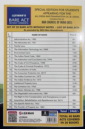 Special Edition For Students Appearing For The All India Bar Examination (A.I.B. Exam) Set Of 20 Bare ACTS Without Notes
