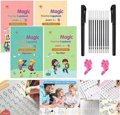 Sank Magic Practice Copybook (Size 26 X 18cm ), Number Tracing Book For Preschoolers With Pen, Magic Calligraphy Copybook Set Practical Reusable Writing Tool (LARGE A4 SIZE 4 BOOK + 10 REFILL)