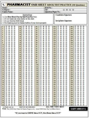 51-PHARMACIST OMR MOCK TEST PRACTICE OMR ANSWER SHEET (51 OMR SHEETS Of 200 Questions)