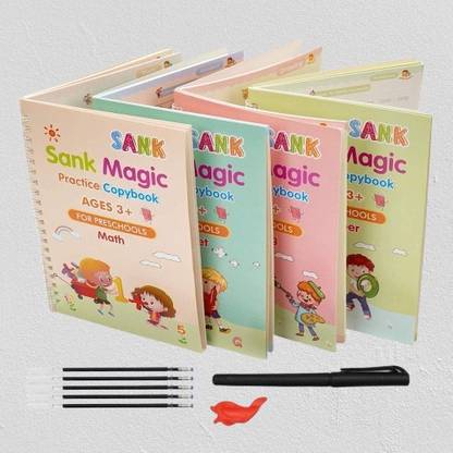 Sank Magic Practice Copybook (4 BOOKS,1 PEN,1 GRIP,10 REFILL), Number Tracing Book For Preschoolers With Pen, Magic Calligraphy Copybook Set Practical Reusable Writing Tool Simple Hand Lettering