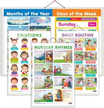 Set of 4 MONTHS OF THE YEAR AND DAYS OF THE WEEK, EMOTIONS, DAILY ROUTINE and NURSERY RHYMES Early Learning Educational Charts for Kids | 20"X30" inch |Non-Tearable and Waterproof | Double Sided Laminated | Perfect for Homeschooling, Kindergarten and Nursery Students Paper Print