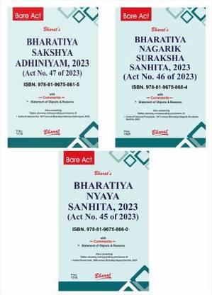 Bharat's NEW - IPC / CRPC / Evidence - Sakshya Bill, 2023 + Nagrik Suraksha Sanhita, 2023 + Nyaya Sanhita, 2023 - BARE ACT - Latest 2024 Edition (A Set Of 3 Books)