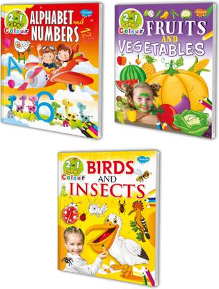 कलर बुक फॉर नर्सरी सेट ऑफ 3 बुक्स | फ्रूट्स एंड वेजिटेबल्स, बर्ड्स एंड इंसेक्ट्स, अल्फाबेट एंड नंबर्स