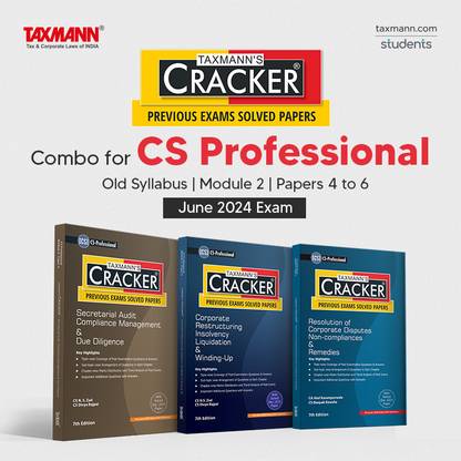 Taxmann’s CRACKER COMBO | CS Professional | Old Syllabus | June 2024 Exam – Module 2 | Papers 4 To 6 | CRACKER Series | SACMDD/Due Diligence, CRILW & RCDNCR | February 2024 Edition | Set Of 3 Books