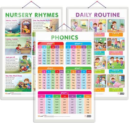 Set of 3 DAILY ROUTINE, NURSERY RHYMES and PHONICS - 1 Early Learning Educational Charts for Kids | 20"X30" inch |Non-Tearable and Waterproof | Double Sided Laminated | Perfect for Homeschooling, Kindergarten and Nursery Students Paper Print