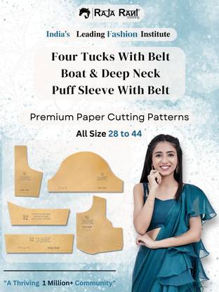 राजा रानी कोचिंग फोर टक्स विथ बेल्ट, बोट एंड डीप नेक, पफ स्लीव ब्लाउज़ प्रीमियम पेपर कटिंग फरमा | ऑल साइज़ 28 टू 44 | ब्लाउज़ कटिंग पैटर्न्स