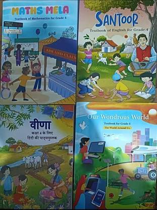NCERT Class 4 Textbooks Mathematics - Maths Mela, Hindi - Veena, English - Santoor, EVS & Our Wondrous World | Pack Of 4 Books | Updated 2025-26 Edition