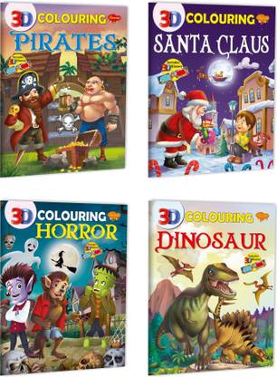 3D Colouring Book- Santa Claus, Pirates, Horror, Dinosaur For Kids : Coloring Book For Kids, Coloring And Drawing For Kids, Creative Coloring Books For Kids | Gift Pack Of 4 Colouring Books For Kids