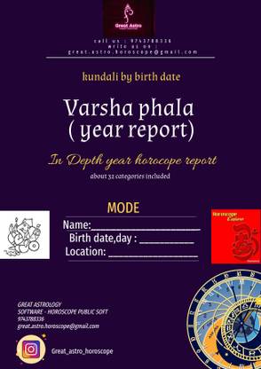 VARSHAPHALA (YEAR REPORT),DETAILED HOROSCOPE ANALYSIS,personalized Book On The Report Generated And Printed