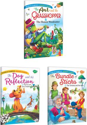 Set Of 3 Books | World Famous Aesop's Fables : The Ant And The Grasshopper & The Honest Woodcutter, The Dog And His Reflection & The Fox And Sour Grapes And The Bundle Of Sticks & The Tortoise And The Hare