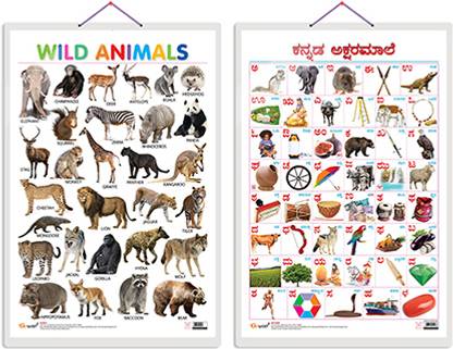 Set of 2 Wild Animals and Kannada Alphabet Early Learning Educational Charts for Kids | 20"X30" inch |Non-Tearable and Waterproof | Double Sided Laminated | Perfect for Homeschooling, Kindergarten and Nursery Students Paper Print
