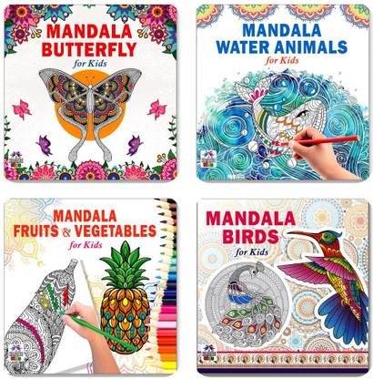 Mandala Butterfly Art + Sea Animals Designs + Fruits & Vegetables Designs + Birds Mandala Art Designs Colouring Books | Fruits Delight | Ocean Animals | Wild Creatures | Bird Sketches | Magical Swirls | Wonders World | Creative Art | Mandala Shapes (Set Of 4 Books)