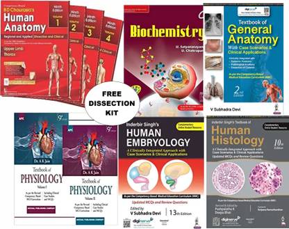 M.B.B.S 1ST Year Set With Free Dissection Kit {1 Human Anatomy (BD Chaurasia) + 1 General Anatomy (V. Saubhdra Devi) + 1 Biochemistry (U. Satyanarayan) + 1 Physiology (A.K JAIN) + 1 Human Histology (Inderbir Singh) + 1 Human Embryology (Inderbir Singh) + 1Dissection Kit }