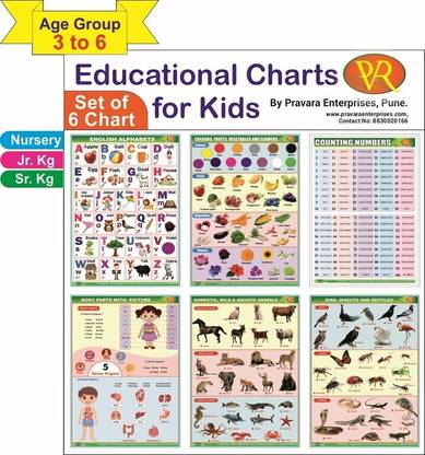 Kids Learning Charts, Educational Posters 6 Charts – English Alphabets - Abcd, Colours, Fruits, Vegetables, Flowers, Counting Numbers 1-100, Body Parts, Domestic, Wild And Aquatic Animal Birds, Insects And Reptiles Size 12 X 18 Inch, 250 GSM, Age Group 3 To 6. Charts For Nursery, Jr. KG, Sr. KG