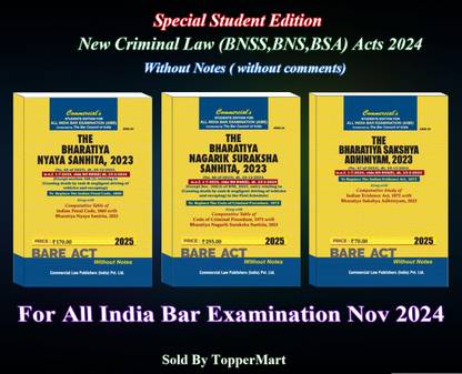 Combo Set Of 3 Books Bnss, Bns, Bsa Without Notes & Without Comments For All India Bar Examination