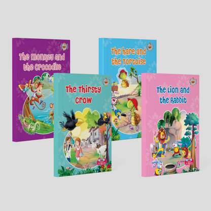 Set Of 4 Bedtime Story Books For Kids Ages 4-11 Years - Tales To Dream On - The Hare And The Tortoise, The Lion And The Rabbit, The Monkey And The Crocodile, And The Thirsty Crow