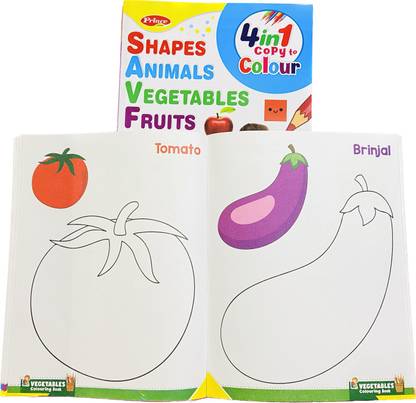 STARBUK Copy To Colour Book Shapes, Animals, Vegetables And Fruits Four In One Colouring Book For Children