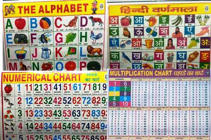 कॉम्बो ऑफ 4 चार्ट्स ऑफ ABCD इंग्लिश अल्फाबेट,हिंदी अल्फाबेट,नंबर एंड मल्टीप्लीकेशन चार्ट फॉर किड्स विथ ब्यूटीफुल पिक्चर्स ,लैमिनेटेड एंड मल्टीकलर विथ फुल डिटेल्स