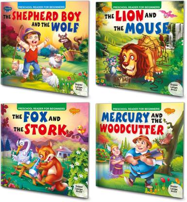 The Shepherd Boy And The Wolf, The Lion And The Mouse, The Fox And The Stork And Mercury And The Woodcutter Book For Kids : Early Learning Books, Animal Story Books, Storytelling Books, Stories For Children | Pack Of 4 Early Readers For Beginners Book
