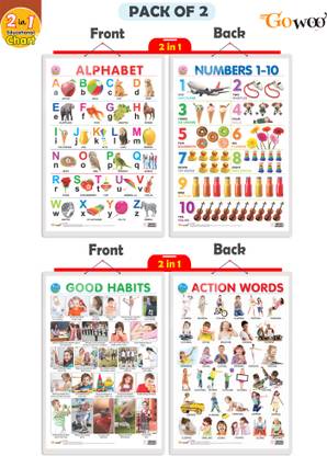 GO WOO Pack of2|2 IN 1 ALPHABET AND NUMBER 1-10 and 2 IN1 GOOD HABITS&ACTIONWORDSCharts