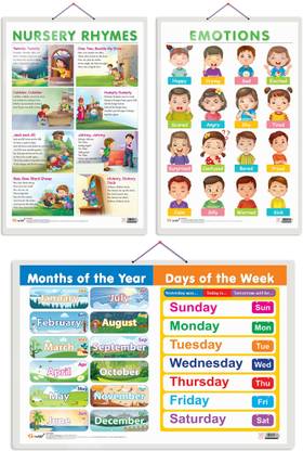 Set of 3 MONTHS OF THE YEAR AND DAYS OF THE WEEK, EMOTIONS and NURSERY RHYMES Early Learning Educational Charts for Kids | 20"X30" inch |Non-Tearable and Waterproof | Double Sided Laminated | Perfect for Homeschooling, Kindergarten and Nursery Students Paper Print