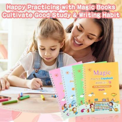 Viradiya's Magic Reusable Practice Copybook, Practice Copybook For Age 3-5 Calligraphy Simple Hand Lettering (Exercise Book Four Sets) Numbers, English, Painting, Addition And Subtraction