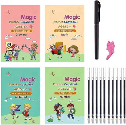 Magic Practice Copybook, (4 BOOK + 10 REFILL) Number Tracing Book For Preschoolers With 1 Pen, Magic Calligraphy Copybook Set Practical Reusable Writing Tool Simple Hand Lettering