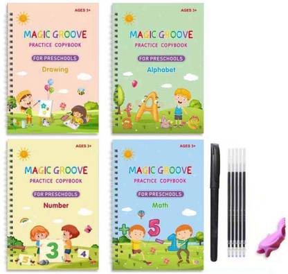 Magic Book For Children Magic Practice Book
Drawing Book For Kids, 4 Books 1 Pen 1 Hand Grip 10 Refill, Self Deleting Reusable Practice Copybook Alphabets Writing For Kids Age 3+