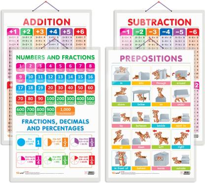 Set of 4 SUBTRACTION, ADDITION, NUMBERS AND FRACTIONS and PREPOSITIONS Early Learning Educational Charts for Kids | 20"X30" inch |Non-Tearable and Waterproof | Double Sided Laminated | Perfect for Homeschooling, Kindergarten and Nursery Students Paper Print