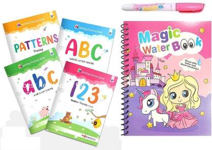 Writing Pracrice Book & Magic Water Colouring Book For Kids | Includes Abc Capital Letters, Small Letters, Number (1-10), Line Tracing Pattern And Reusable Water Colouring Book With 1 Pen | Pack Of 5