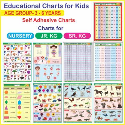 Kids Learning Charts, Educational Posters 9 Charts – English Alphabets - Abcd, Colours, Fruits, Vegetables, Flowers, Counting Numbers 1-100 In Words, Counting Numbers 1-100, Shapes, Body Parts,Domestic, Wild And Aquatic Animal Birds, Insects And Reptiles, Hindi Barakhadi In English - Hindi Varnamala Chart Size 12 X 18 Inch, 250 GSM, Age Group 3 To 6. Charts For Nursery, Jr. KG, Sr. KG