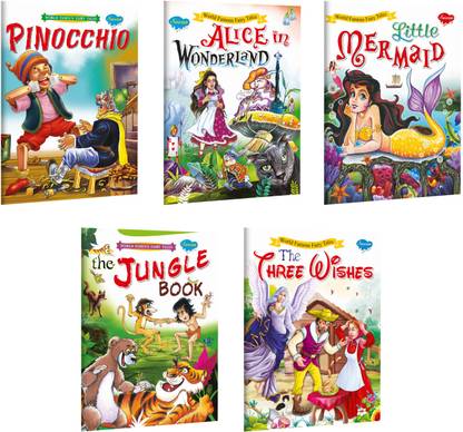 Pinocchio, Alice In Wonderland, Little Mermaid, The Jungle Book And The Three Wishes Books For Kids : Bedtime Short Stories, Kids Story Time Books, Kids Moral Story Book | Set Of 5 Kids Story Books