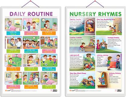 Set of 2 DAILY ROUTINE and NURSERY RHYMES Early Learning Educational Charts for Kids | 20"X30" inch |Non-Tearable and Waterproof | Double Sided Laminated | Perfect for Homeschooling, Kindergarten and Nursery Students Paper Print